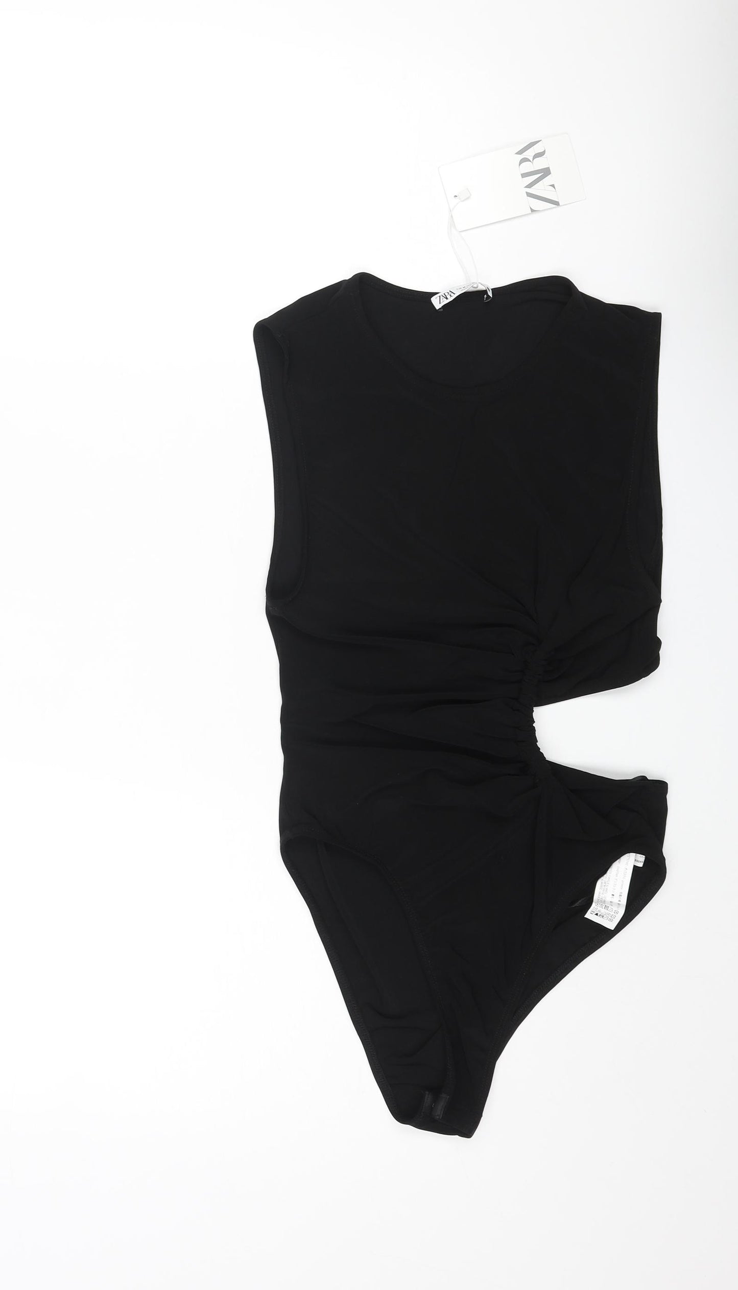 Zara Womens Black Polyester Bodysuit One-Piece Size M Snap - Rouched Cut Out