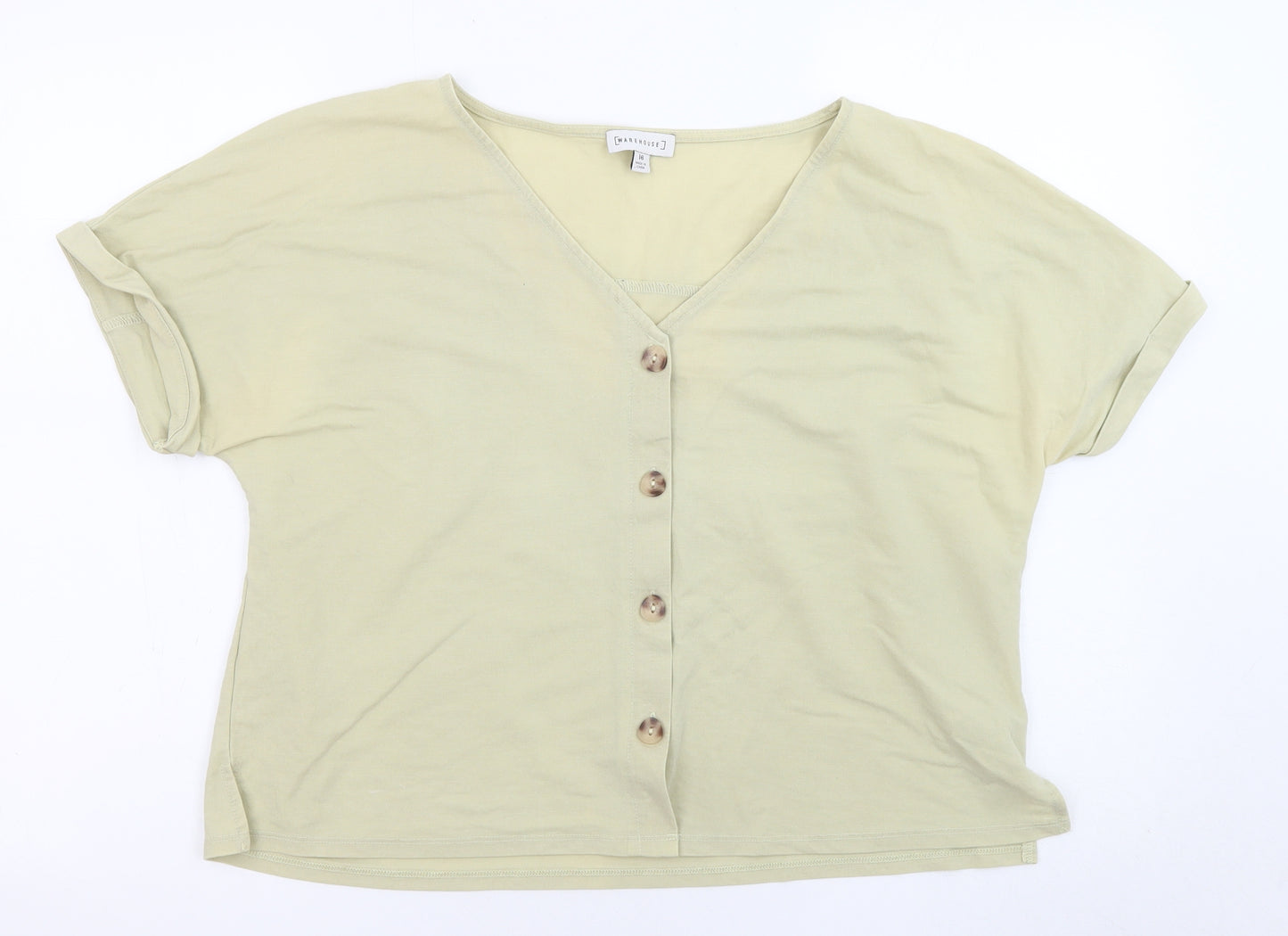 Warehouse Womens Green Viscose Basic Blouse Size 16 V-Neck