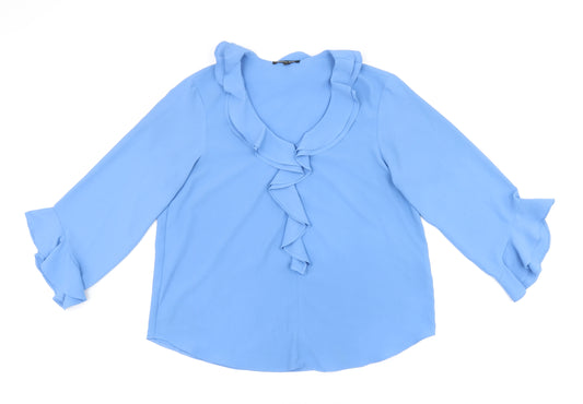 Roman Womens Blue Polyester Basic Blouse Size 12 V-Neck - Frill Detail