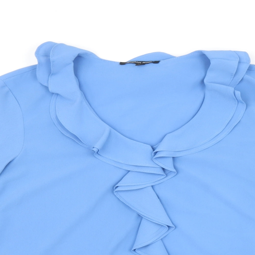 Roman Womens Blue Polyester Basic Blouse Size 12 V-Neck - Frill Detail