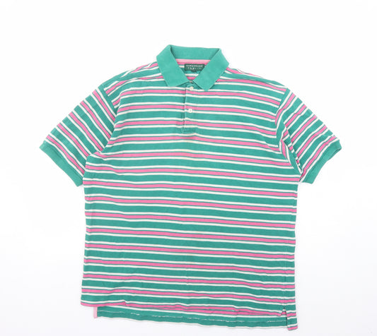 Hawkshead Mens Green Striped Polyester Polo Size S Collared Button