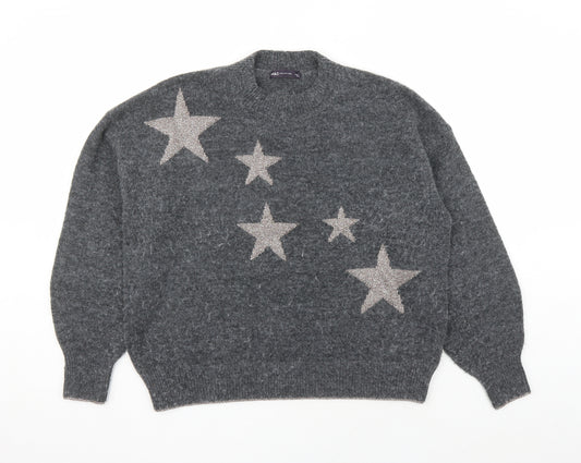 Marks and Spencer Womens Grey Round Neck Polyester Pullover Jumper Size L - Stars