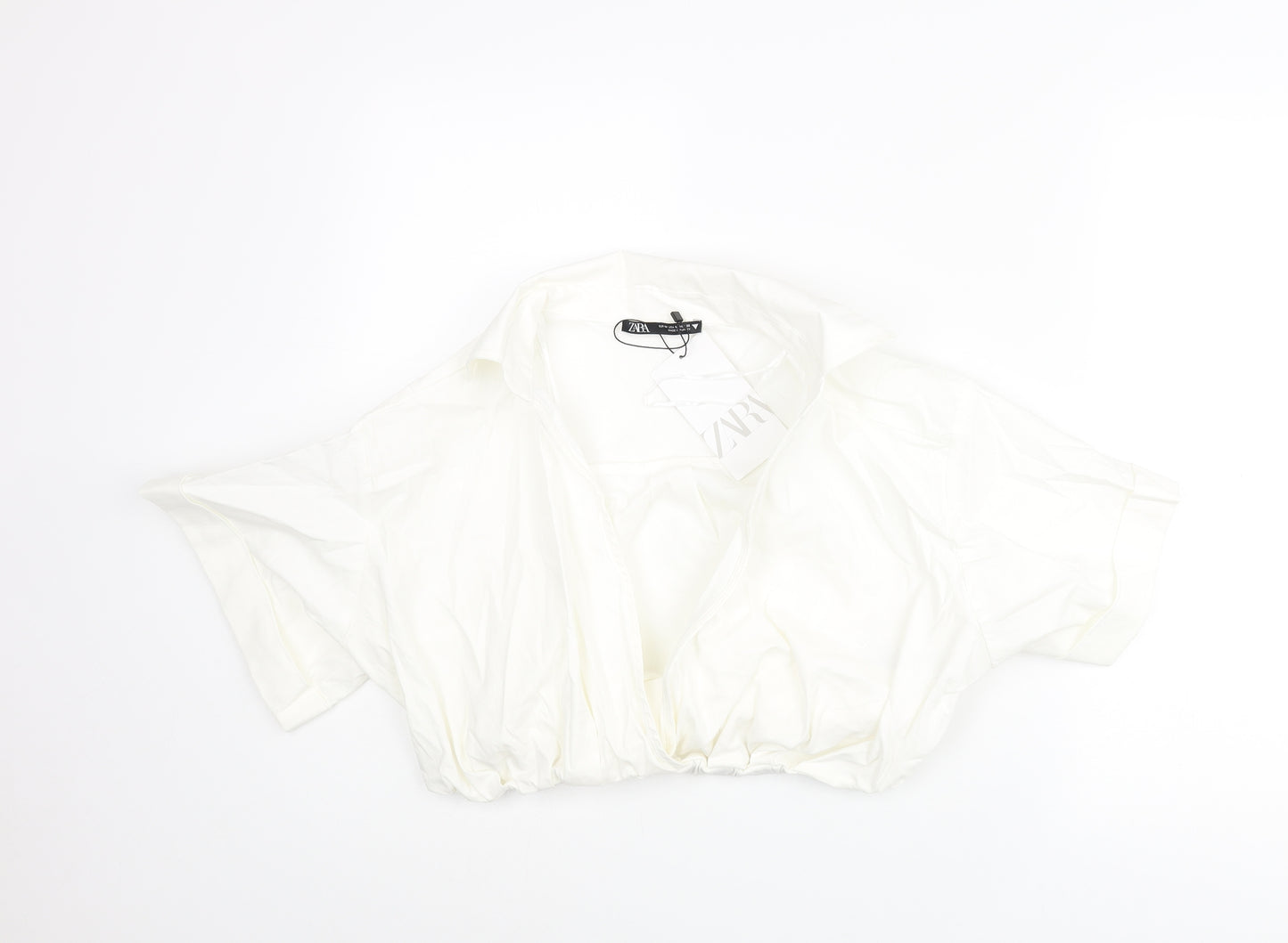 Zara Womens White Cotton Cropped Blouse Size M Collared - Rouched