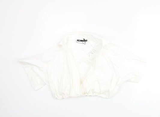 Zara Womens White Cotton Cropped Blouse Size M Collared - Rouched