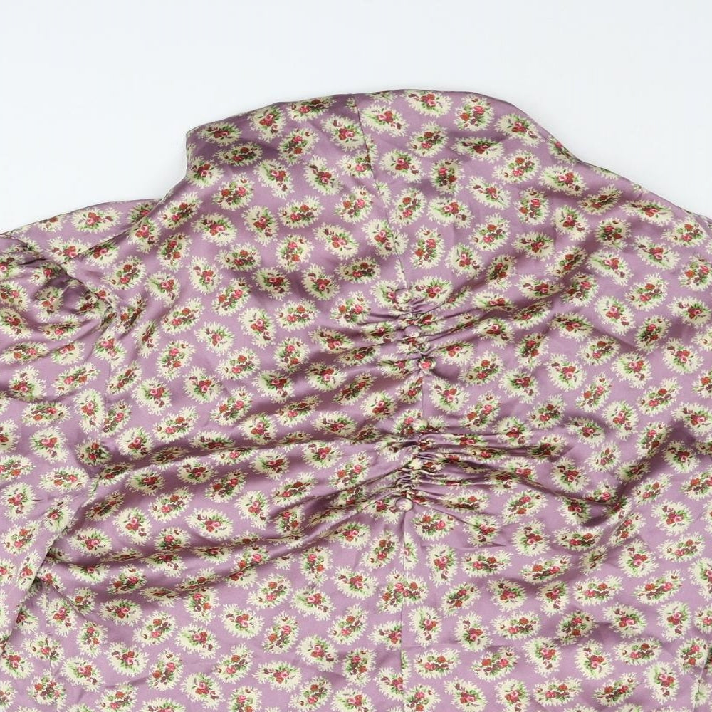 Zara Womens Purple Floral Polyester Basic Blouse Size L Mock Neck - Rouched