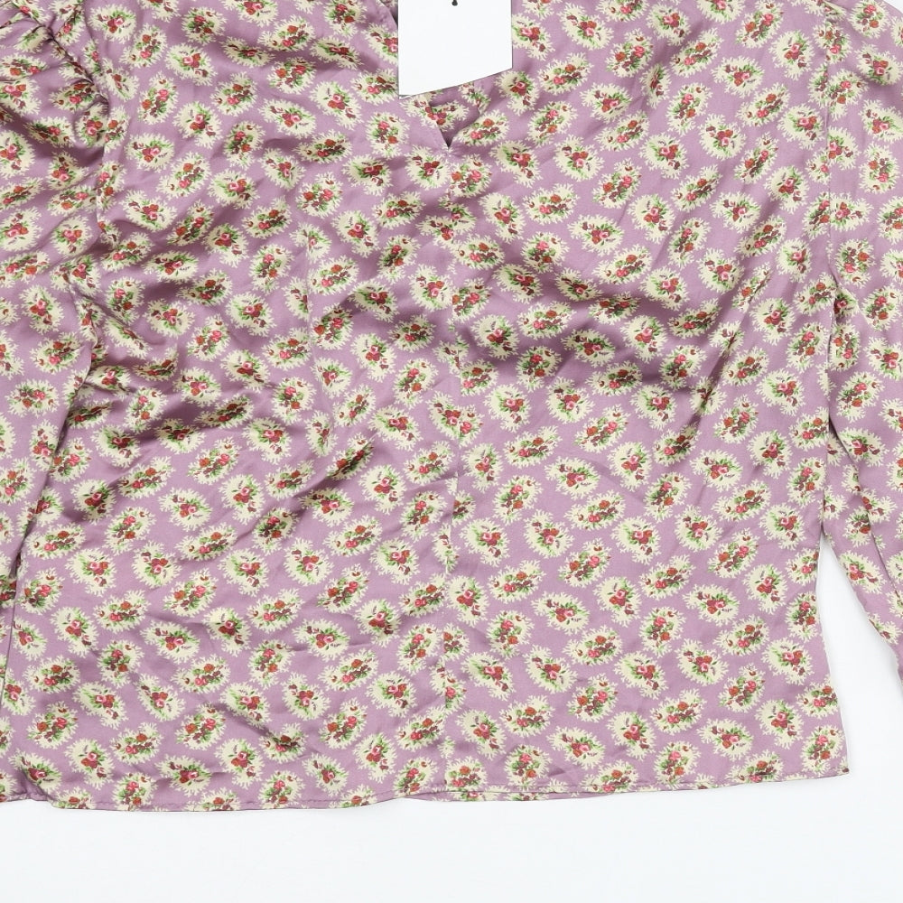 Zara Womens Purple Floral Polyester Basic Blouse Size L Mock Neck - Rouched