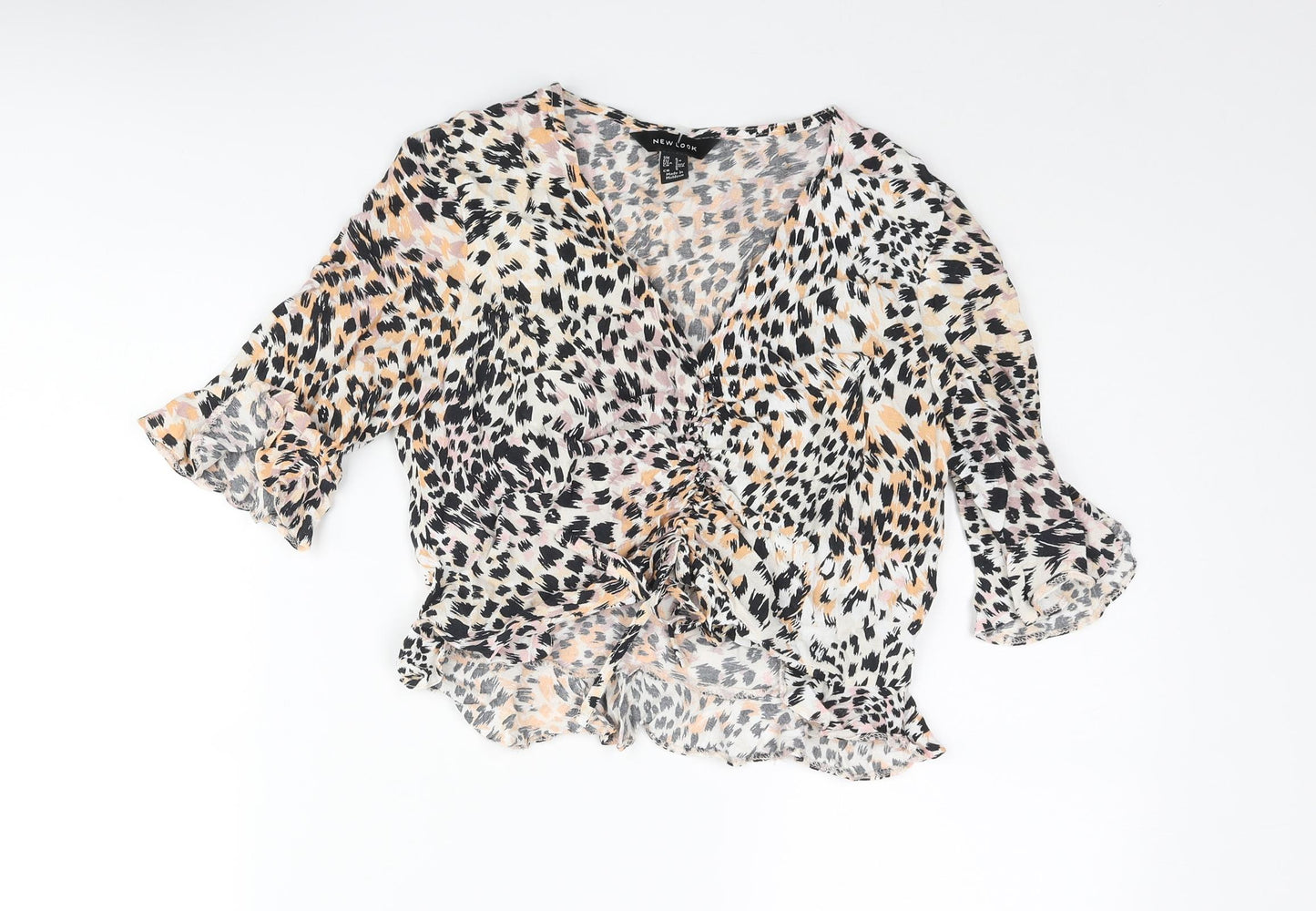 New Look Womens Multicoloured Animal Print Viscose Cropped Blouse Size 10 V-Neck - Frill Rouched Bow Cheetah Print