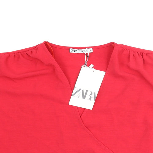Zara Womens Red Polyester Cropped Blouse Size M V-Neck - Wrap