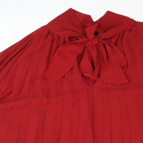 Zara Womens Red Polyester Basic Blouse Size L Mock Neck - Keyhole Bow Pleated