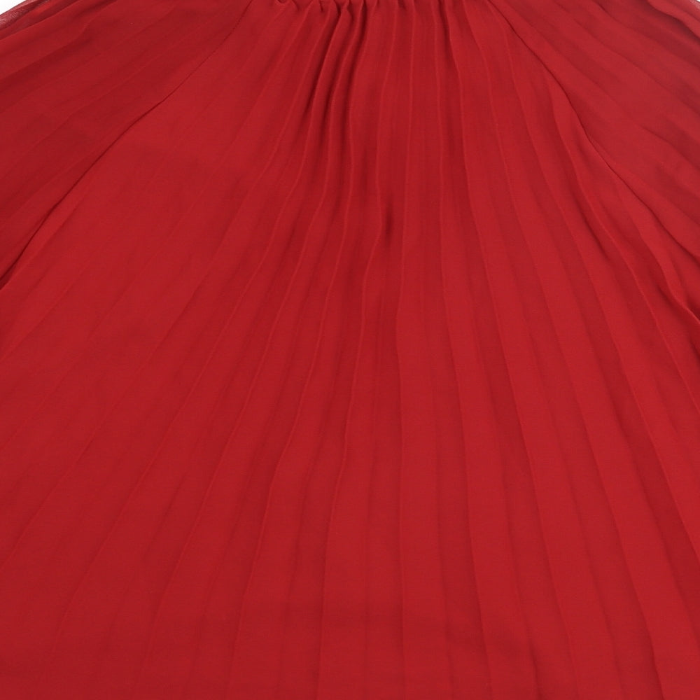 Zara Womens Red Polyester Basic Blouse Size L Mock Neck - Keyhole Bow Pleated