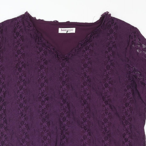 Bonmarché Womens Purple Polyester Basic Blouse Size L V-Neck - Frill
