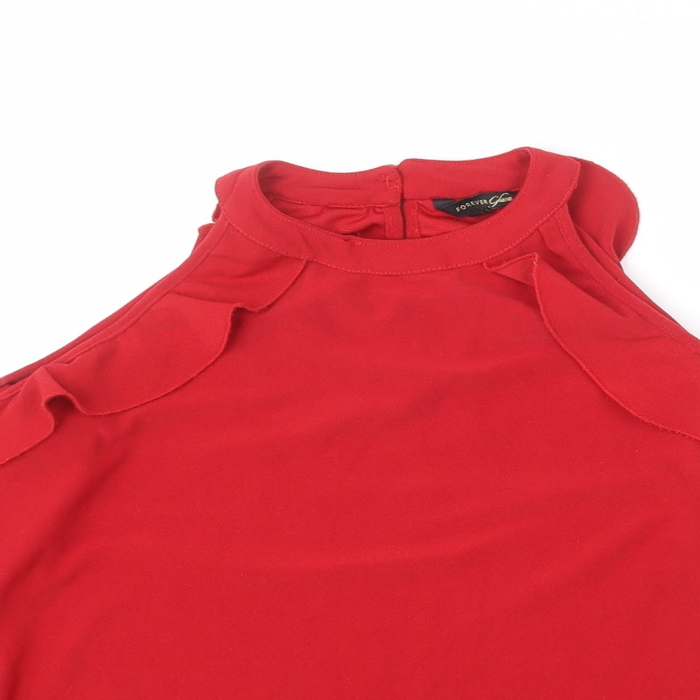 Forever Glam Womens Red Polyester Basic Blouse Size M Round Neck - Ruffle Detail