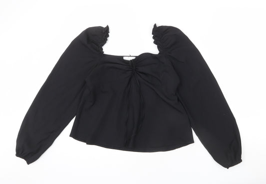 Topshop Womens Black Polyester Basic Blouse Size 10 Square Neck - Tie Detail