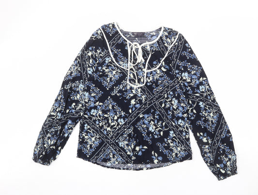 Marks and Spencer Womens Blue Floral Viscose Basic Blouse Size 10 Round Neck - Keyhole Cut Out