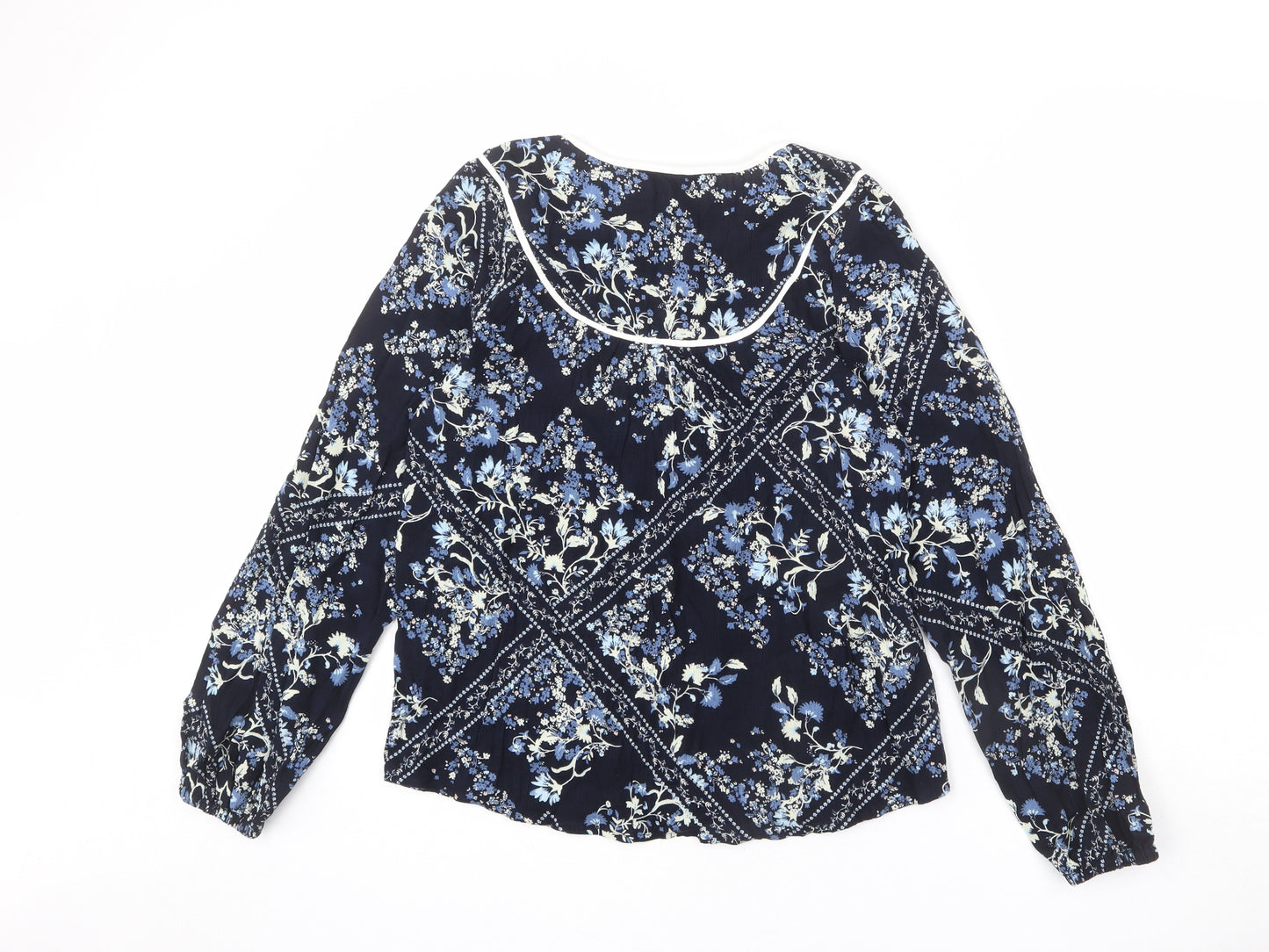 Marks and Spencer Womens Blue Floral Viscose Basic Blouse Size 10 Round Neck - Keyhole Cut Out