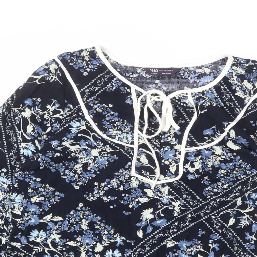 Marks and Spencer Womens Blue Floral Viscose Basic Blouse Size 10 Round Neck - Keyhole Cut Out