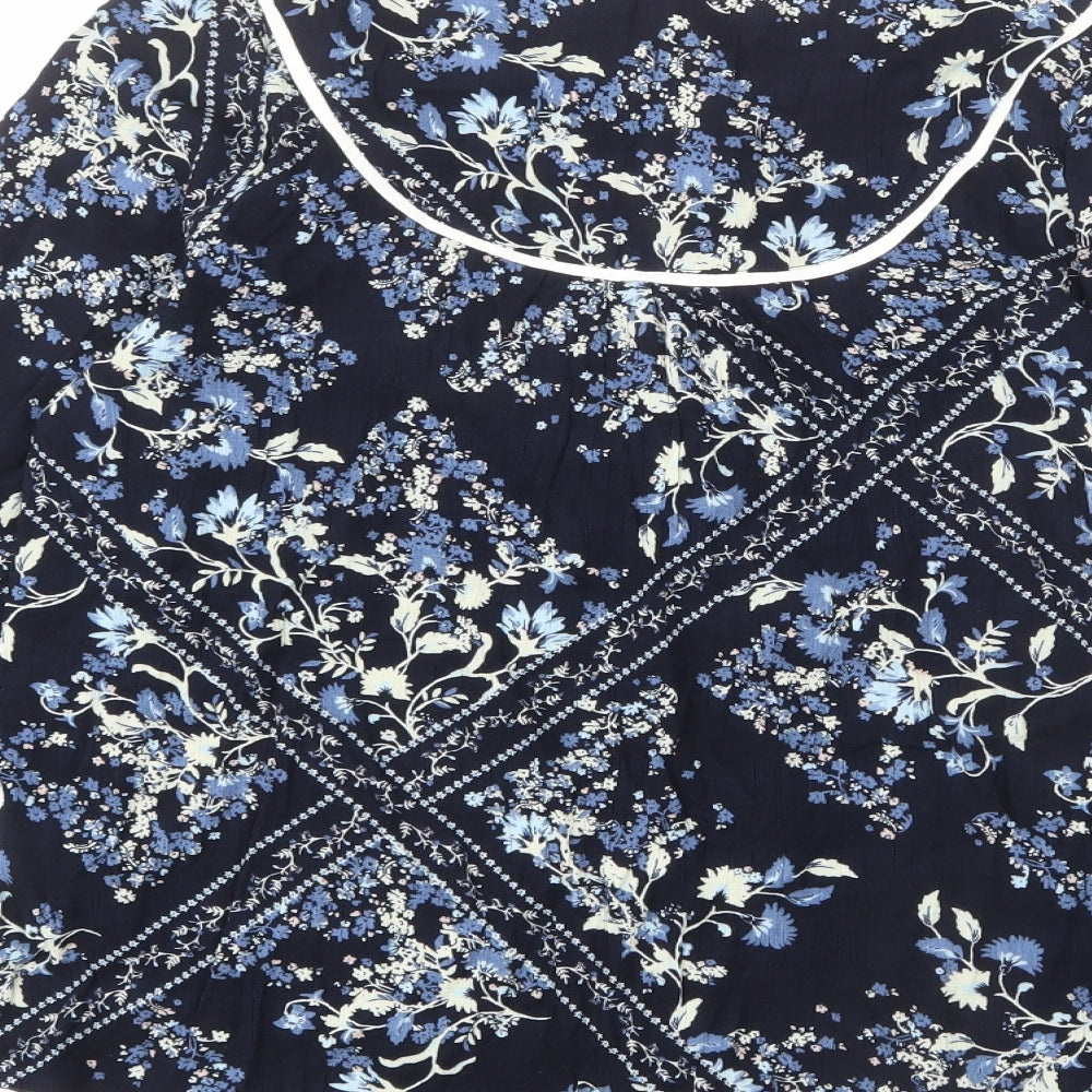 Marks and Spencer Womens Blue Floral Viscose Basic Blouse Size 10 Round Neck - Keyhole Cut Out