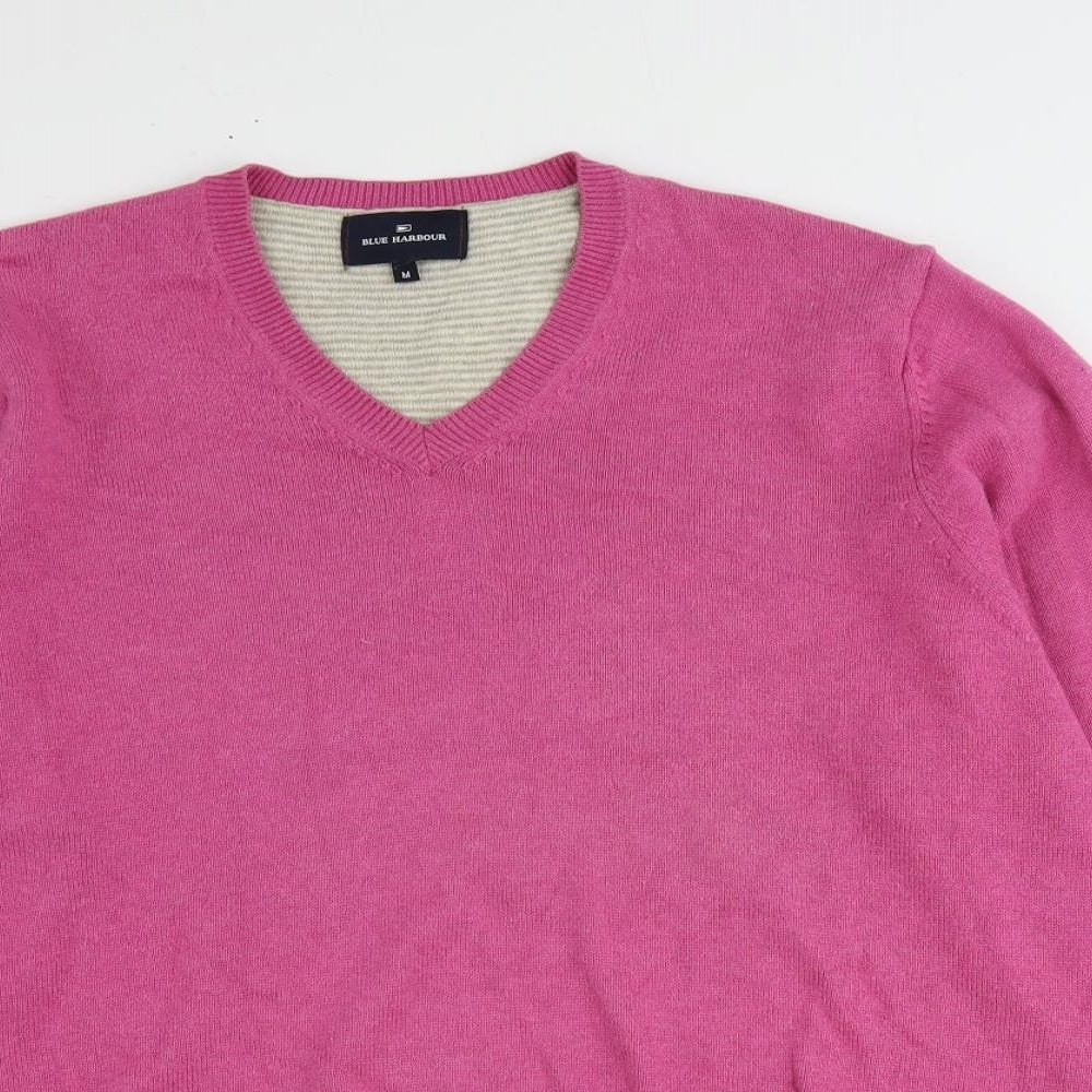 Blue Harbour Mens Pink V-Neck Cotton Pullover Jumper Size M Long Sleeve