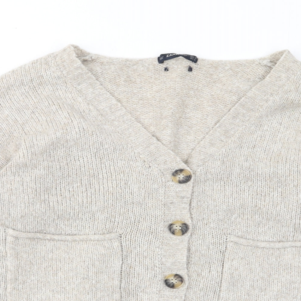 Zara Mens Beige V-Neck Acrylic Cardigan Jumper Size M Long Sleeve - Pockets, Buttons