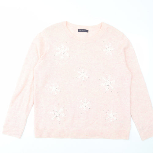 Marks and Spencer Womens Pink Crew Neck Viscose Pullover Jumper Size L - Snowflakes, Embroided, Sequins