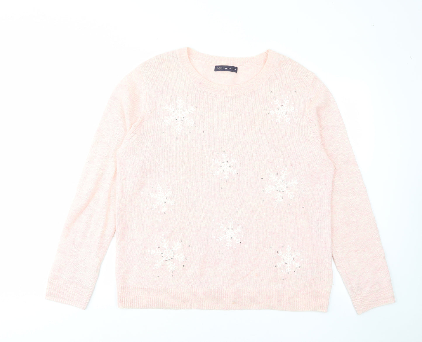 Marks and Spencer Womens Pink Crew Neck Viscose Pullover Jumper Size L - Snowflakes, Embroided, Sequins