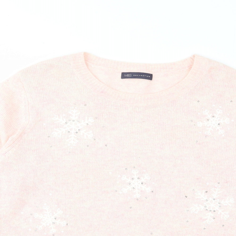 Marks and Spencer Womens Pink Crew Neck Viscose Pullover Jumper Size L - Snowflakes, Embroided, Sequins