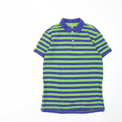 Gap Mens Green Striped Cotton Polo Size M Collared Button - Logo, Embroided