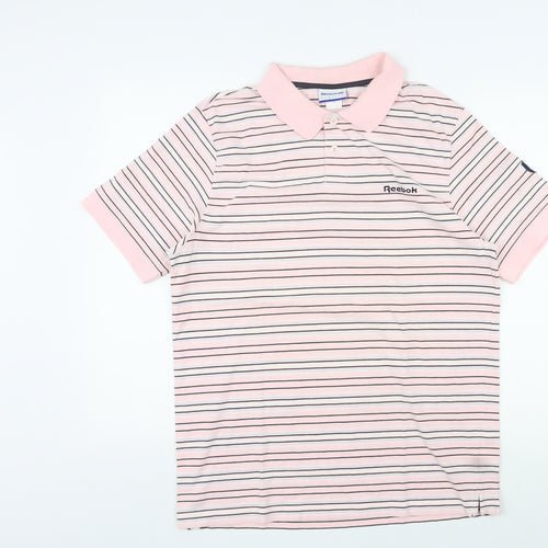 Reebok Mens Pink Striped Cotton Polo Size L Collared Pullover - Logo