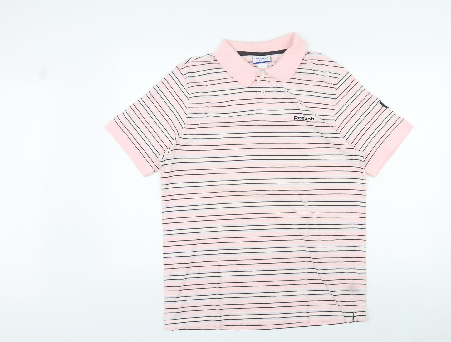 Reebok Mens Pink Striped Cotton Polo Size L Collared Pullover - Logo