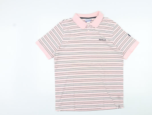 Reebok Mens Pink Striped Cotton Polo Size L Collared Pullover - Logo