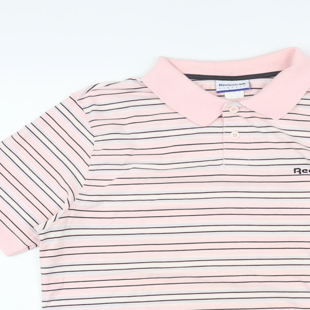 Reebok Mens Pink Striped Cotton Polo Size L Collared Pullover - Logo