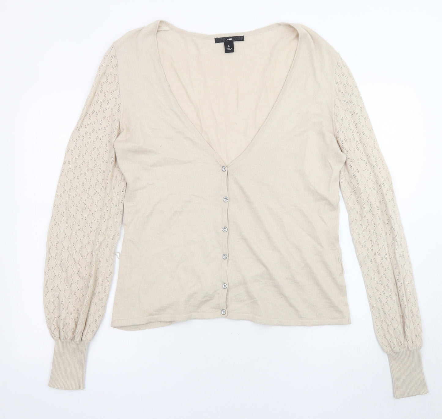 H&M Womens Beige V-Neck Acrylic Cardigan Jumper Size L