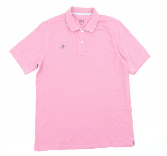 Lands' End Mens Pink Cotton Polo Size M Collared Button - Logo embroidery