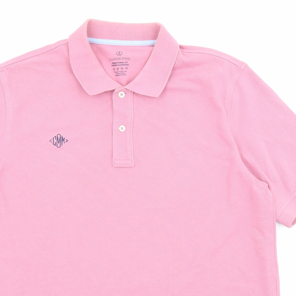 Lands' End Mens Pink Cotton Polo Size M Collared Button - Logo embroidery