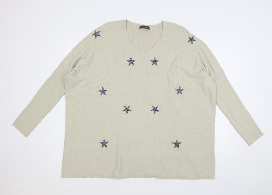 C. Valentyne Womens Beige V-Neck Modal Pullover Jumper Size L - Stars Embellished
