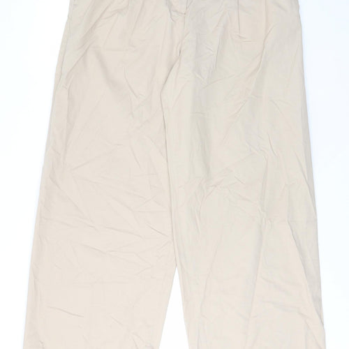 Marks and Spencer Womens Beige Cotton Trousers Size 14 L32 in Regular Hook & Eye - Pockets, Belt Loops, Pleated