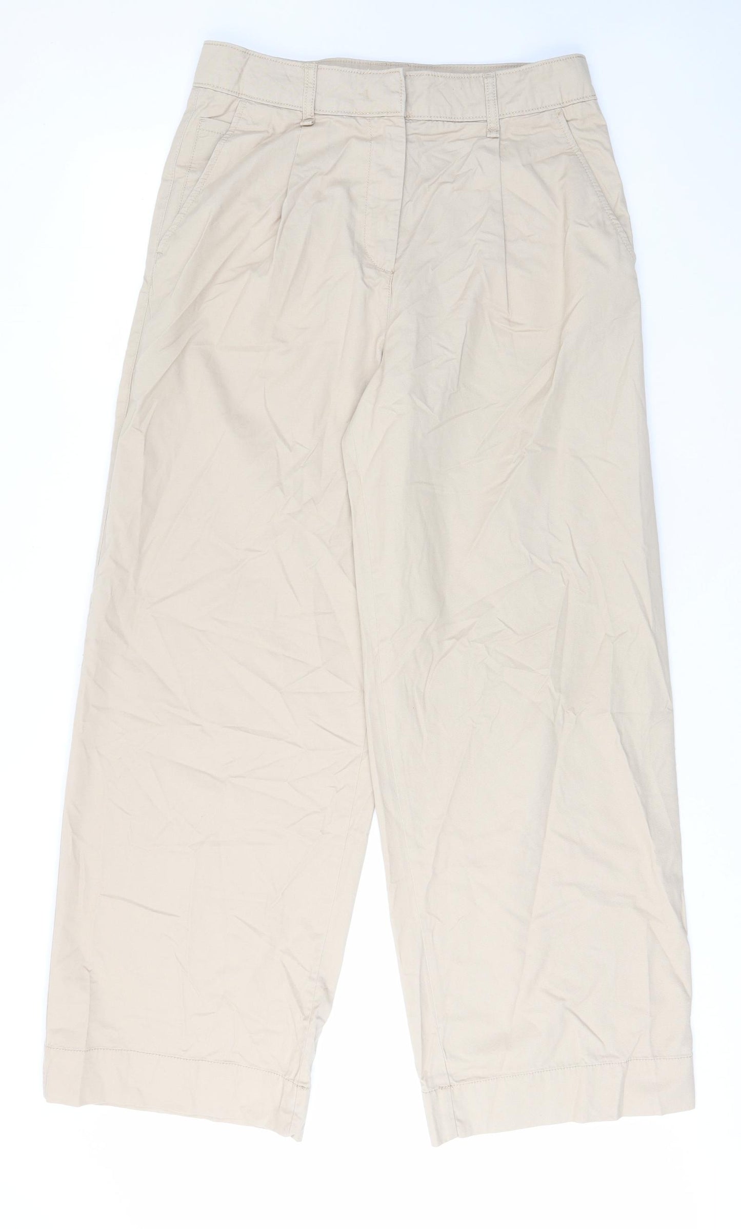 Marks and Spencer Womens Beige Cotton Trousers Size 14 L32 in Regular Hook & Eye - Pockets, Belt Loops, Pleated