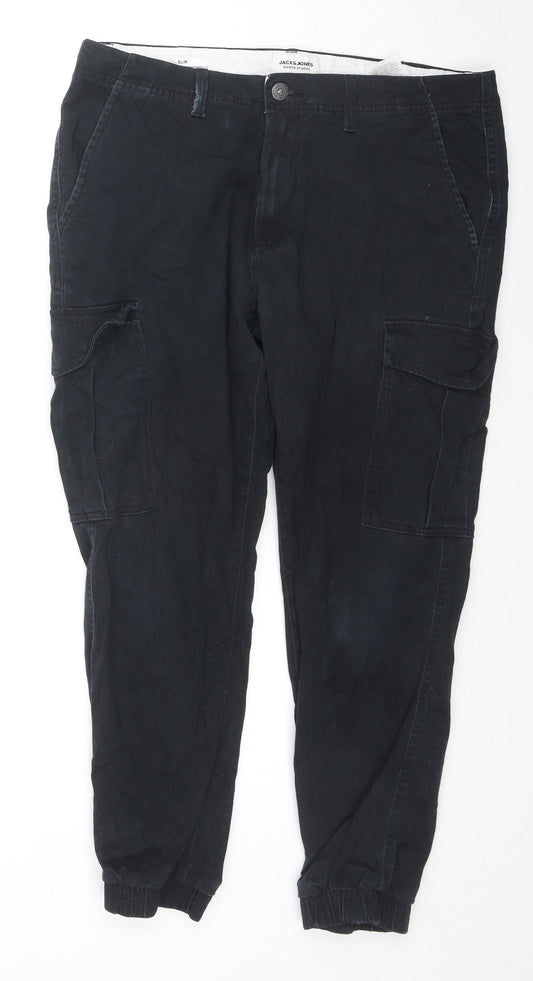 JACK & JONES Mens Black Cotton Cargo Trousers Size 34 in L30 in Slim Zip