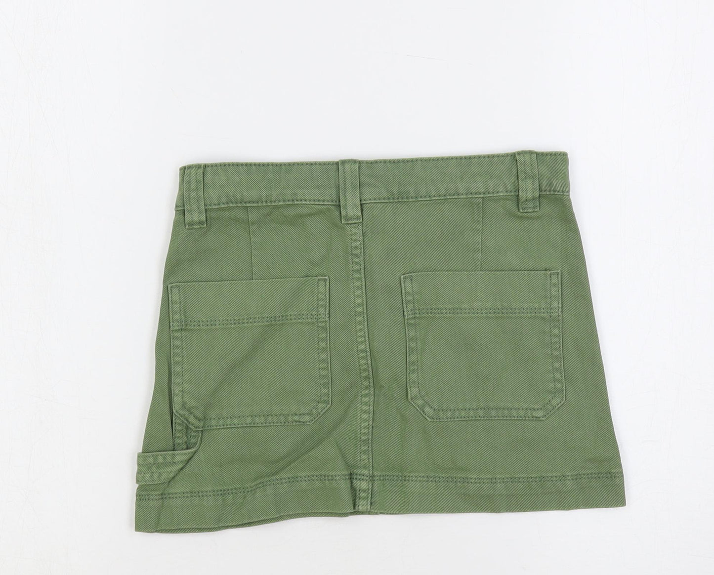 Marks and Spencer Girls Green Cotton Mini Skirt Size 8-9 Years Regular Button - Pockets