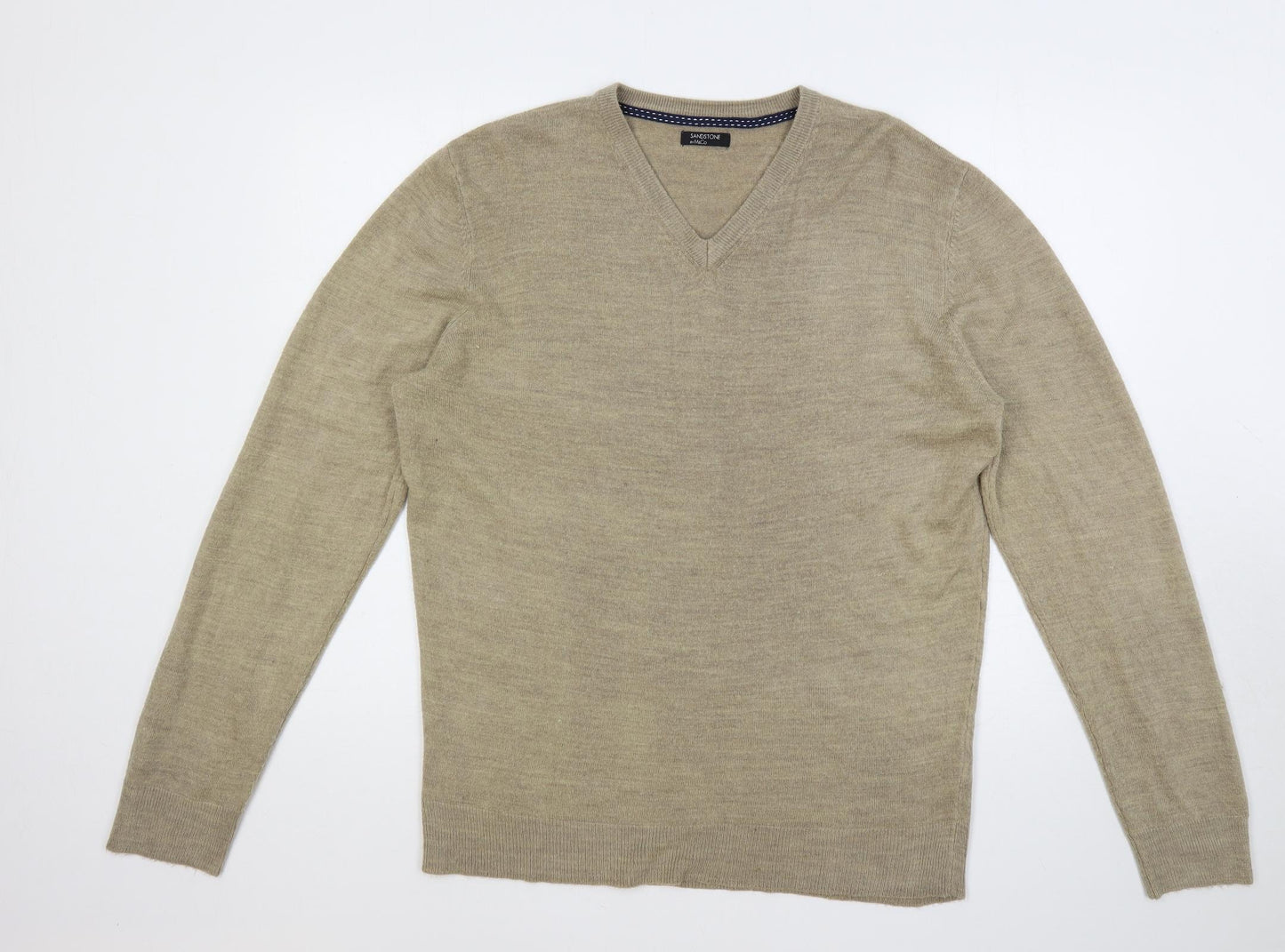 M&Co Mens Beige V-Neck Acrylic Pullover Jumper Size M Long Sleeve