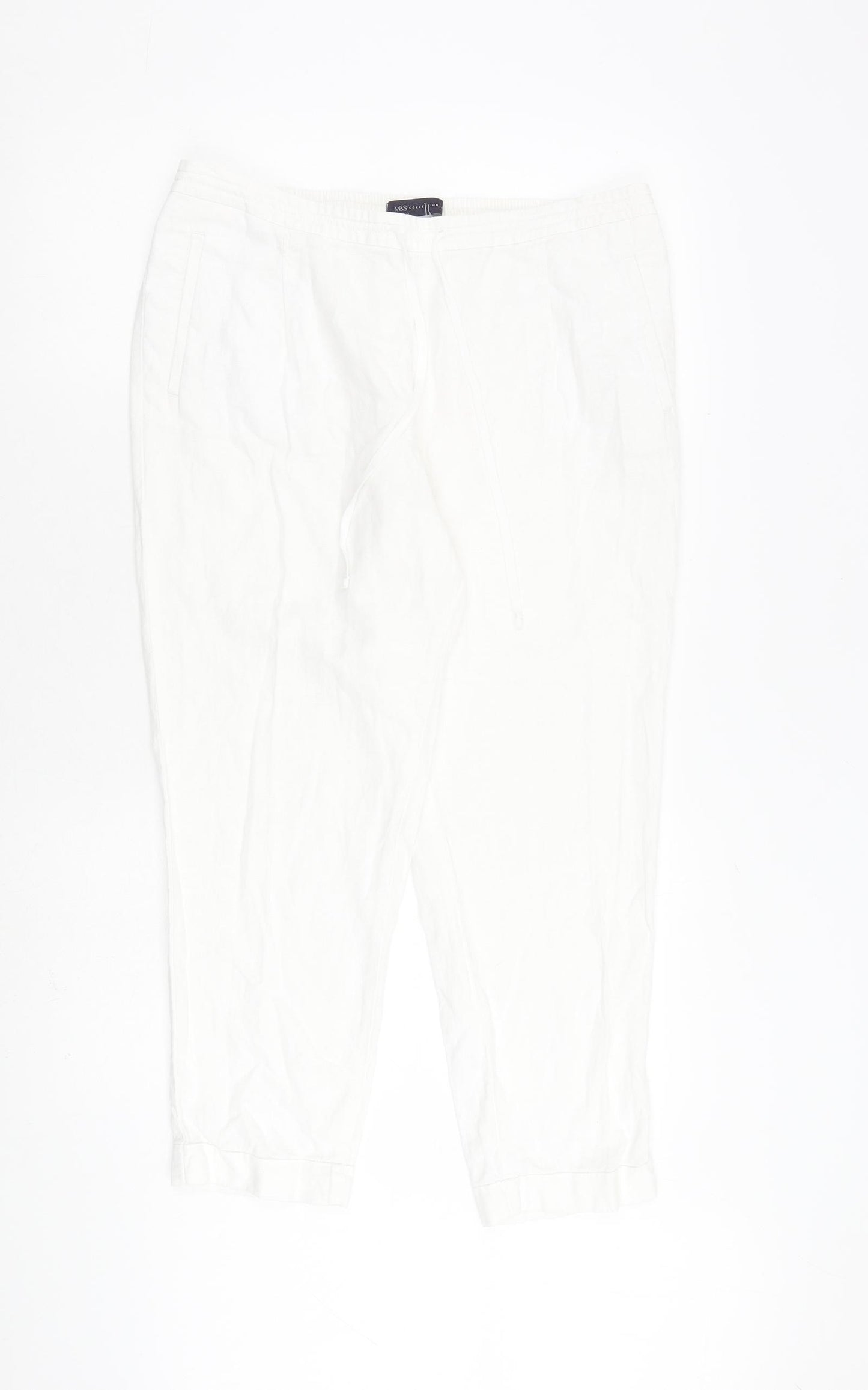 Marks and Spencer Womens White Flax Trousers Size 14 L26 in Regular Tie