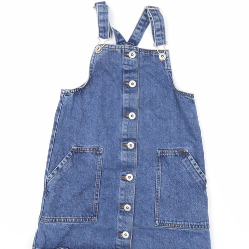 Denim & Co. Girls Blue 100% Cotton Pinafore/Dungaree Dress Size 9-10 Years Square Neck Button