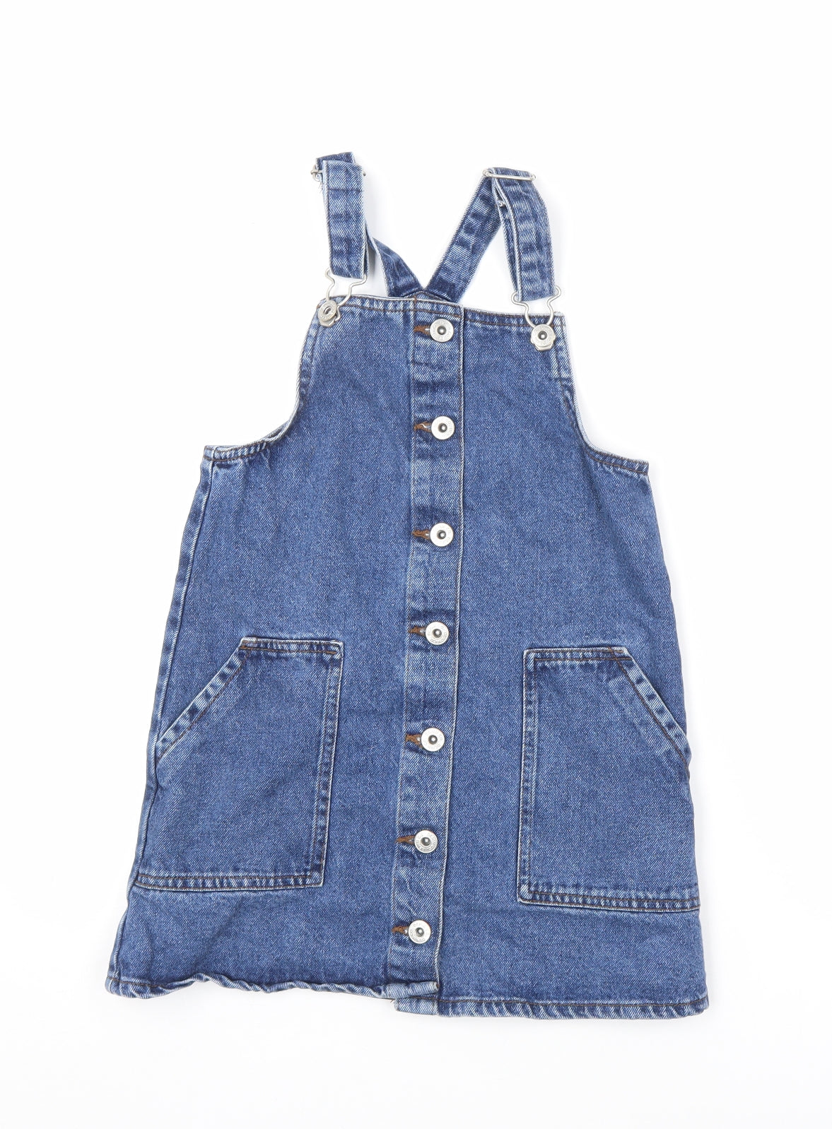 Denim & Co. Girls Blue 100% Cotton Pinafore/Dungaree Dress Size 9-10 Years Square Neck Button