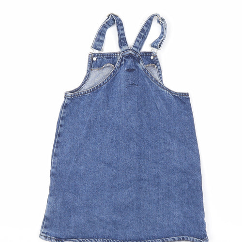 Denim & Co. Girls Blue 100% Cotton Pinafore/Dungaree Dress Size 9-10 Years Square Neck Button