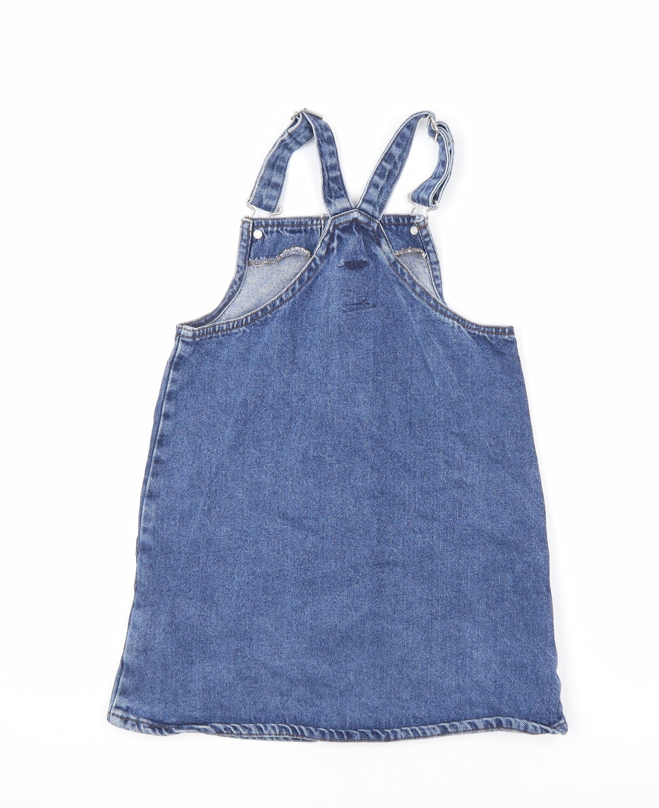 Denim & Co. Girls Blue 100% Cotton Pinafore/Dungaree Dress Size 9-10 Years Square Neck Button