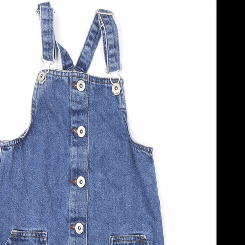 Denim & Co. Girls Blue 100% Cotton Pinafore/Dungaree Dress Size 9-10 Years Square Neck Button