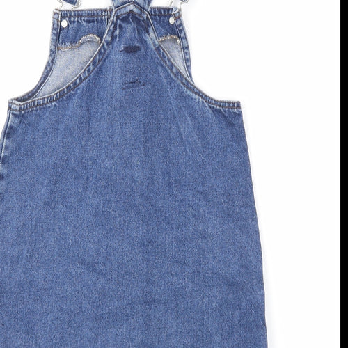 Denim & Co. Girls Blue 100% Cotton Pinafore/Dungaree Dress Size 9-10 Years Square Neck Button