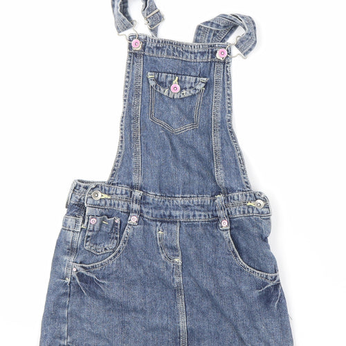 George Girls Blue 100% Cotton Pinafore/Dungaree Dress Size 7-8 Years Square Neck Button