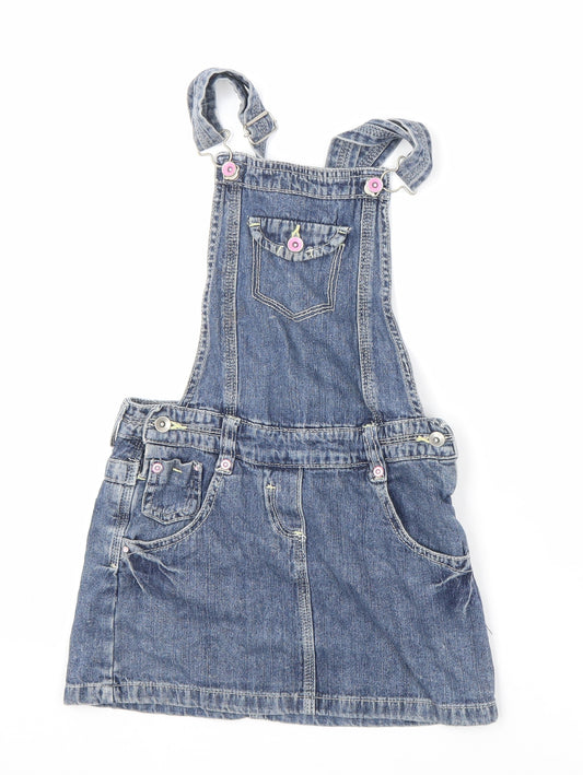 George Girls Blue 100% Cotton Pinafore/Dungaree Dress Size 7-8 Years Square Neck Button