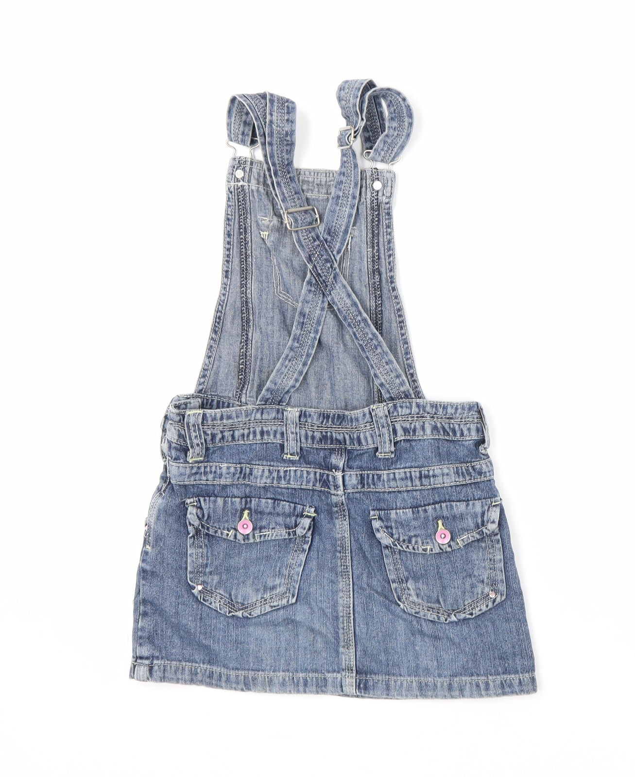 George Girls Blue 100% Cotton Pinafore/Dungaree Dress Size 7-8 Years Square Neck Button